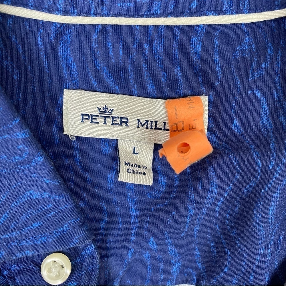 Peter Millar Men's Shipstern Sport Shirt Abstract Navy & Royal Blue Wavy, Size L - Picture 7 of 14